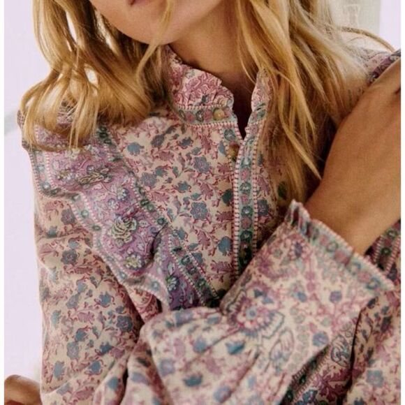 Sézane x Sea NY Ruffle Emilia Print Chemise Gala Linen Blend Button Up Blouse S - Picture 1 of 11